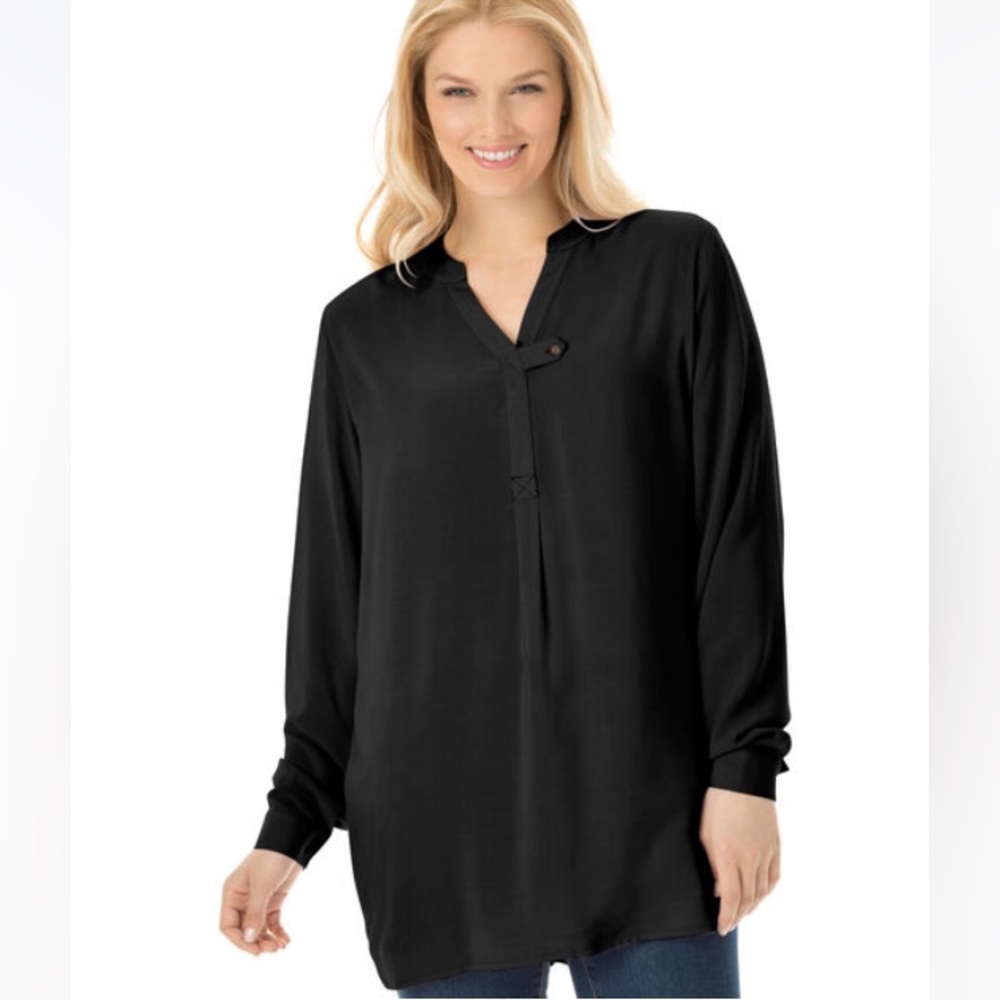 NWT Woman Within Black Long sleeve notch V neck Tab Blouse Abalone butto…